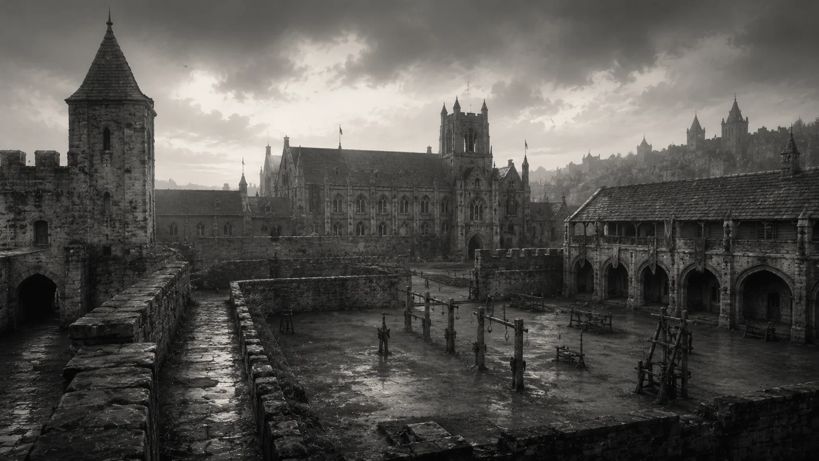 Charter House training grounds and stone courtyards beneath a heavy sky.