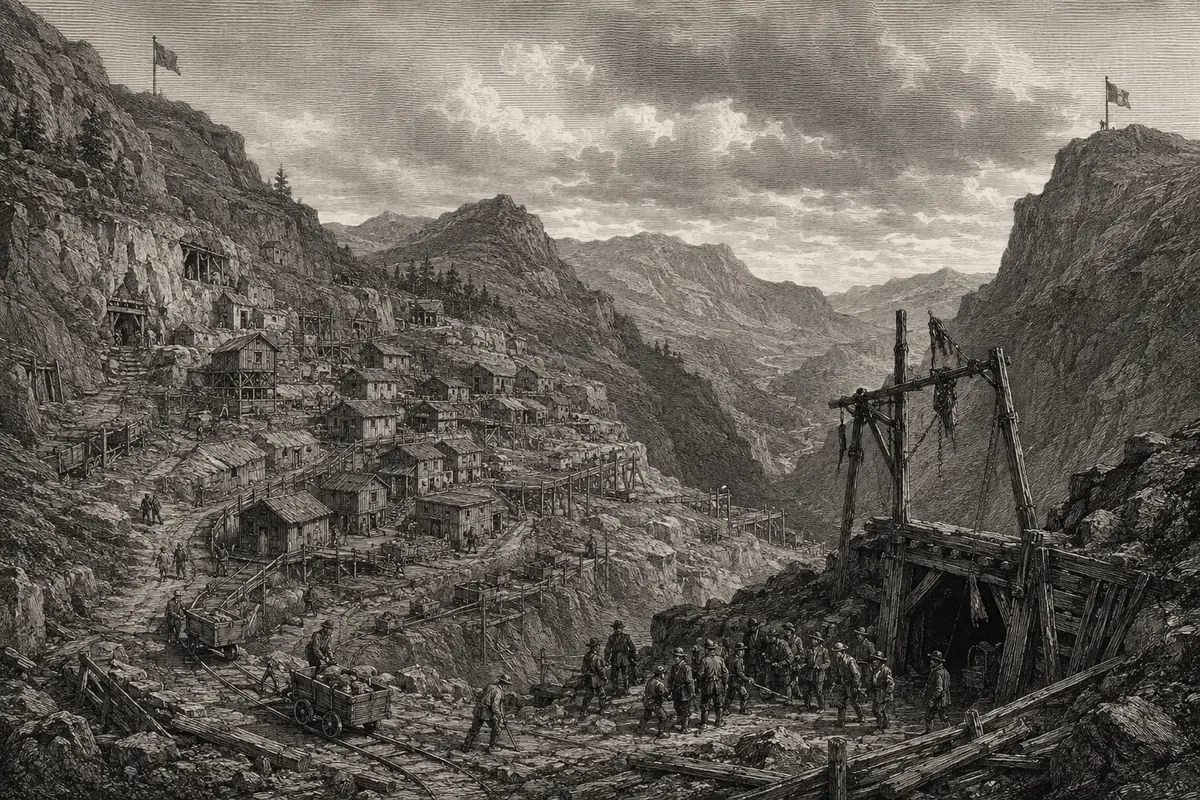 A mining settlement terraced into a disputed mountain valley.
