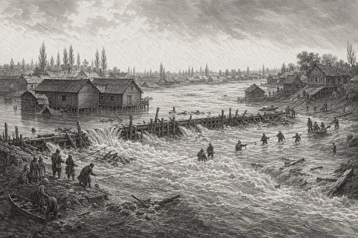 A flooded riverside settlement and strained timber weir.