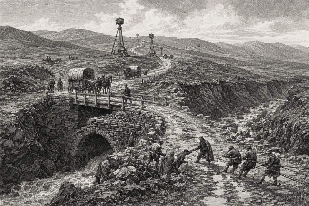 Guard wagons and rope crews at a damaged stone crossing.