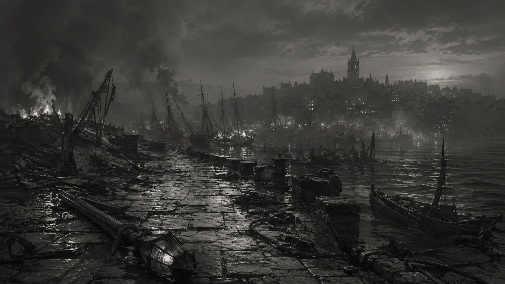 Lantern Quay after the fire, with broken waterfront timbers beneath smoke and a dark harbor.