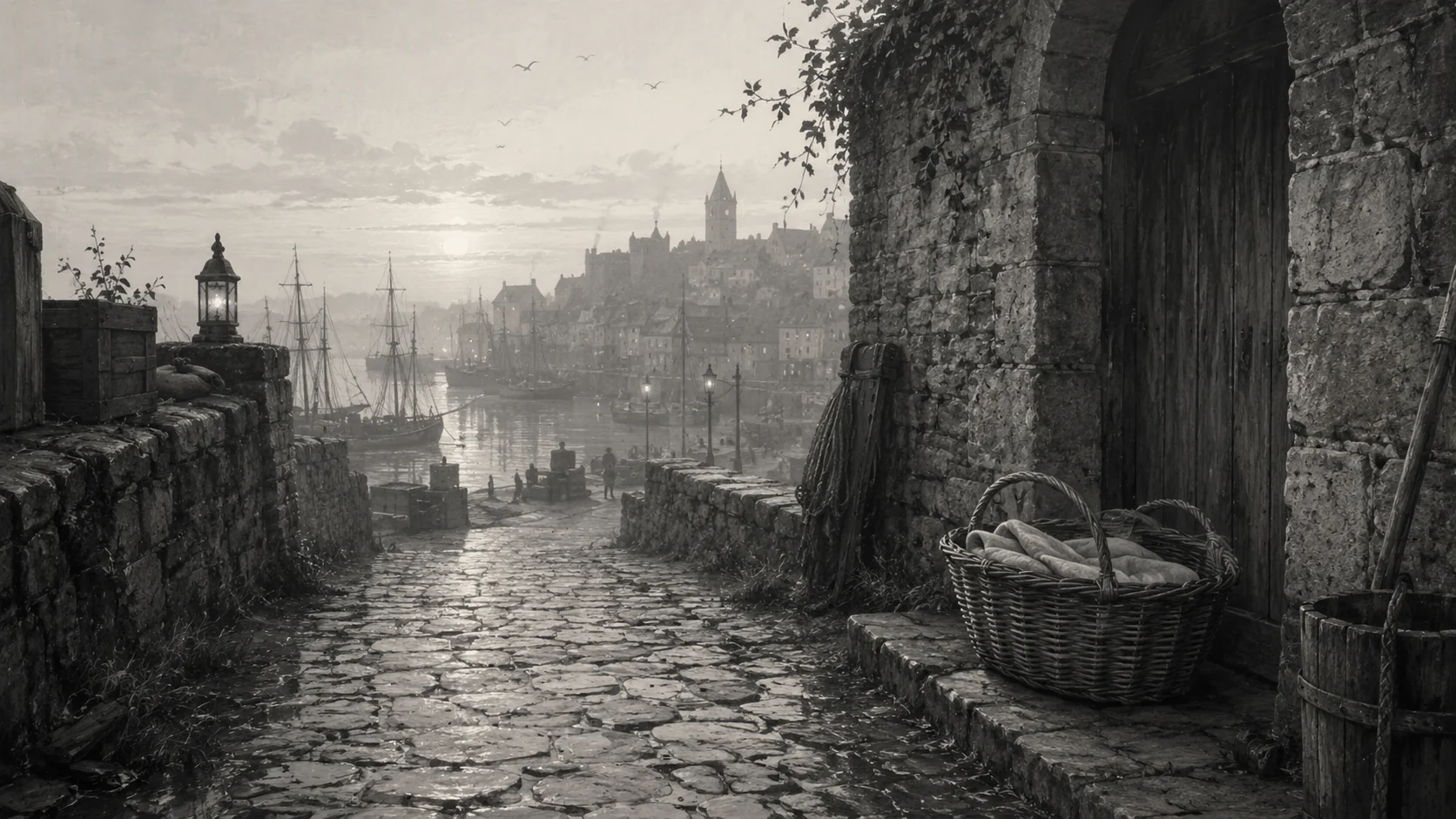 A willow basket beside a stone doorway overlooking Ternwick harbor at dawn.