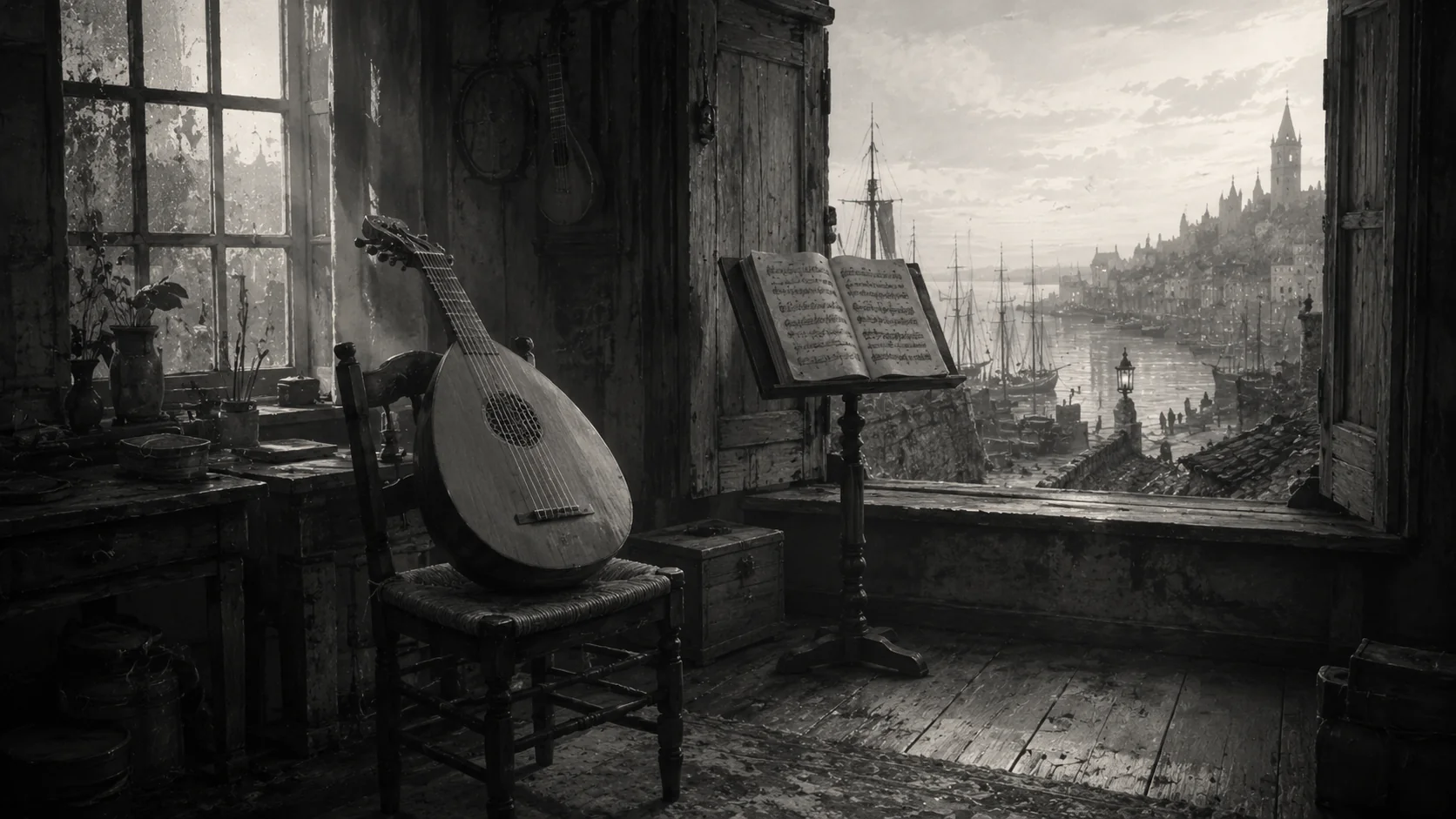 A lute and open music book in a quiet room overlooking Ternwick harbor.